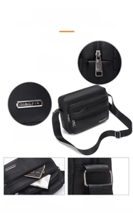 Detail view of black waterproof polyester crossbody bag with multi-layer zippers and metal logo