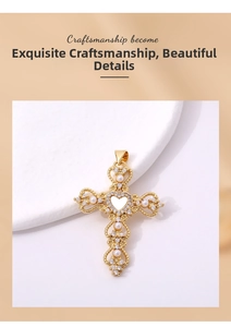 Detailed view of a gold-plated cross pendant with hollow hearts, pearls and micro-pave crystals