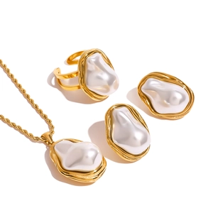 Artificial Baroque Pearl Stainless Steel Jewelry Necklace Earrings Ring Bracelet French Vintage Waterproof Hypoallergenic Women