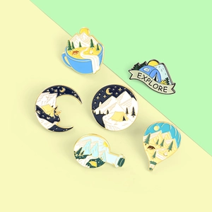 6-piece outdoor camping enamel pin set with moon, tents, and hot air balloons on bag