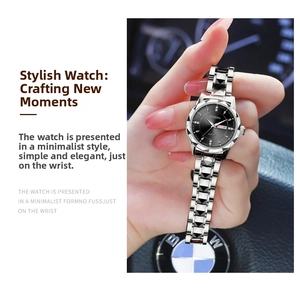 Detail of quartz watch with silver tungsten steel band and calendar display dial