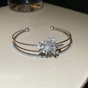 Silver double-layer open bangle with pearl and zircon firework design for women