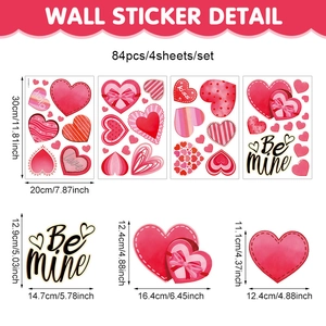 Valentine's Day heart window stickers set with 84 pieces of self-adhesive wall decals