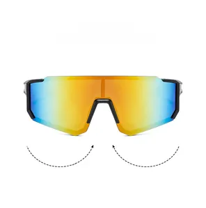Detail of matte black cycling goggles with orange gradient mirror lens for outdoor sports