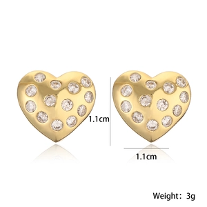 Detail view of 18K gold plated heart earrings with zircon inlay, 1.1cm x 1.1cm size
