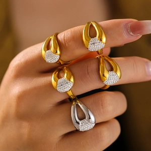 Irregular geometric crystal open rings in 18k gold plated stainless steel for women