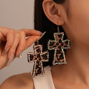 Chic leopard print cross earrings with rhinestone trim for women's winter fashion