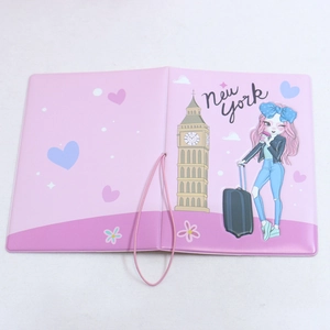 Pink waterproof passport cover with New York travel girl illustration and elastic strap