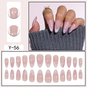 French tip press-on nails almond shape Y-56 nude pink with white lines and glitter