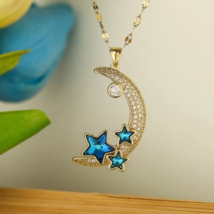 Crescent Moon Pendant Necklace Gold Plated Copper With Zircon Star Crystal Chic Jewelry For Women