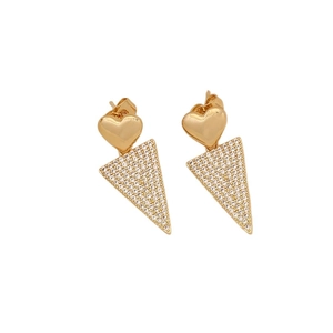 Boucles d'oreilles cœur doré avec pendentifs triangulaires sertis de zircons brillants