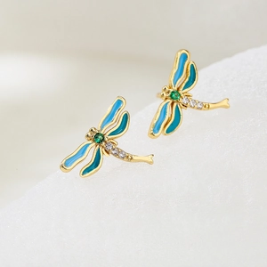 18K gold plated dragonfly stud earrings with blue enamel and green gemstone wings