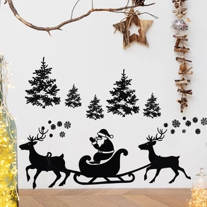 Stickers muraux de Noël noirs avec traîneau du Père Noël, rennes et flocons de neige