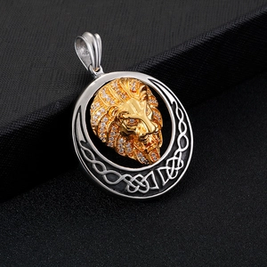 Hiphop gold lion head pendant with crystal accents in silver celtic knot frame
