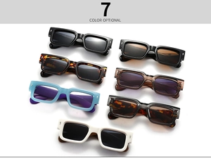 Detailed flat lay of square sunglasses with rivet accents in seven colors on white