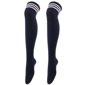 Women's over-the-knee socks in black with three white stripes, athletic knit style