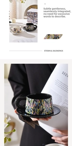 Artistic painted ceramic coffee cup set with abstract floral texture and black glaze