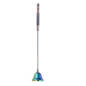 Rainbow metal candle snuffer with long handle and bell-shaped cover on white background