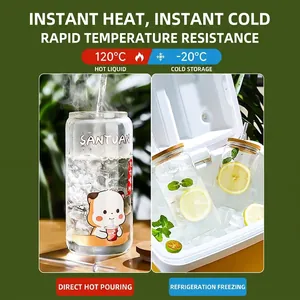 16oz glass cup set with bamboo lid and straw showing heat and cold resistance