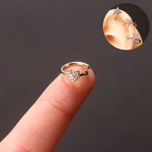 Golden C-shaped heart and star ear cuff set with rhinestones for non-pierced ears