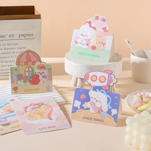 Set of cute cartoon animal folding greeting cards with sun and space travel illustrations