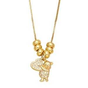Collana con orsetto dorato con ciondolo a cuore e pietre di zircone su catena box