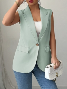 Elegant mint green sleeveless blazer vest with lapel and single button for women