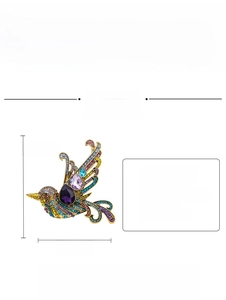 Macro shot of colorful rhinestone bird brooch with dimensions showing height 7.4cm and width 7.3cm