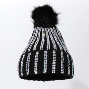 Winter black knit beanie for women with colorful rhinestones and fluffy faux fur pompom