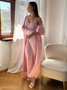 Pink knit two-piece set featuring a fitted cami dress and a long sleeve cardigan
