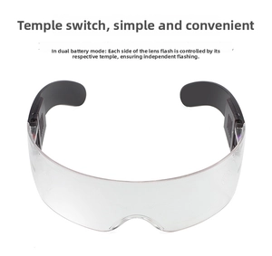 Detail view of cyberpunk LED glasses showing the side temple switch and battery compartment