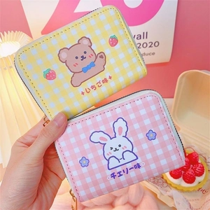 Cute kawaii cartoon plaid pattern card wallets with bear and rabbit prints in hand