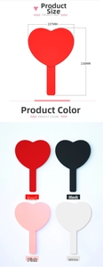 Detail showing dimensions of heart-shaped handheld mirrors in red black pink and white