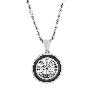 Vintage silver Viking compass pendant necklace with stainless steel rope chain for men