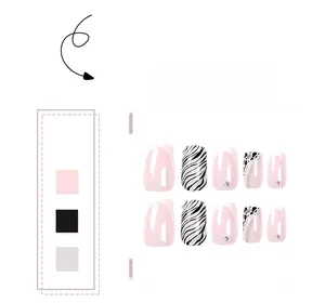 Coffret de faux ongles carrés courts avec French rose, motifs zèbre et cœurs scintillants