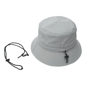 Close-up of light gray bucket hat featuring adjustable drawstring and detachable wind cord