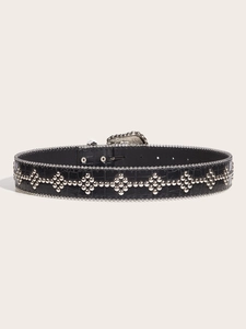 Detailed view of black crocodile embossed leather belt with silver punk style rivets