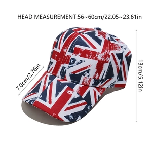 Guide des tailles casquette Union Jack montrant 56-60cm de tour et 7cm de visière