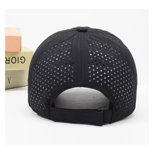 Rear view of black quick-dry baseball cap with laser-cut vents and adjustable buckle