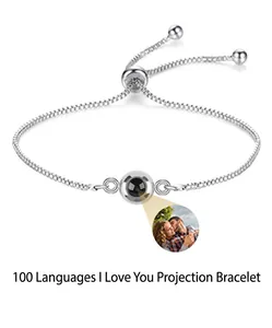 Detail of silver projection bracelet showing personalized photo inside the round pendant