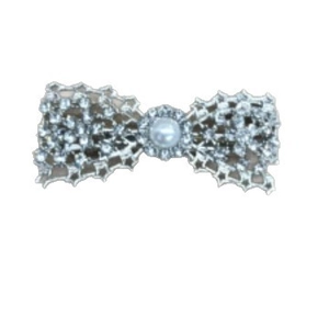 Elegant rhinestone bow hair clip with central pearl ornament on a clean white background