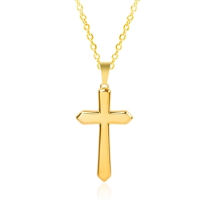Polished 18k gold plated stainless steel cross pendant necklace on a sleek chain