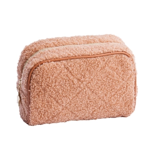 Quilted teddy fleece makeup bag in camel brown with star pendant and gold zipper