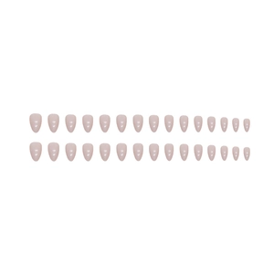 30-piece set of glossy nude pink almond-shaped press-on nails in assorted sizes
