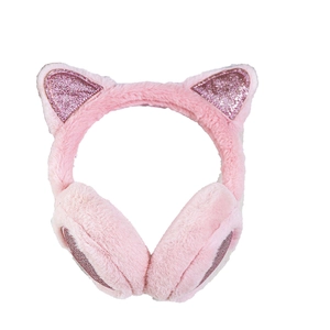 Pink plush kids earmuffs with cartoon cat ears and glitter sequins on white background