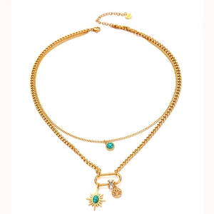 Collana a doppio strato in acciaio inossidabile dorato con turchese e albero della vita