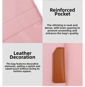 Detail van roze laptoptas met versterkte vakken en bruine leer trim in lychee-patroon textuur