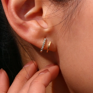18K gold plated stainless steel double layer stud earrings with sparkling cubic zirconia