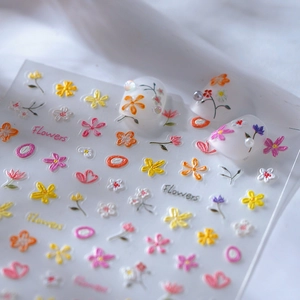 3D embossed floral nail art stickers with colorful wildflower patterns and Flowers text