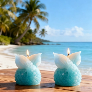 Bougies parfumées queue de sirène DIY avec écailles sur un fond de plage tropicale
